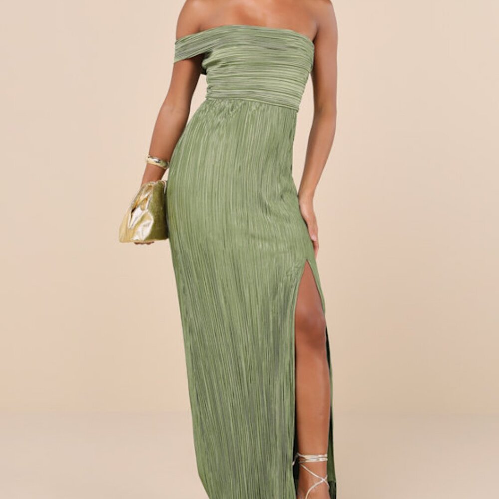 Lulus Poised Performance Olive Green Plisse One-shoulder Maxi Dress - Size M